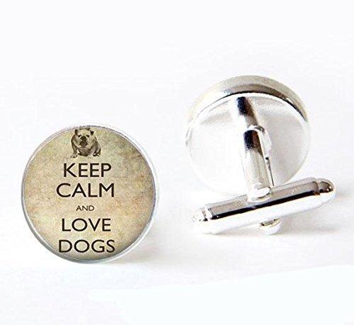 Vintage Keep Calm and Love Dogs Photo Glass Cuff Links-Silver Bulldog Round Cufflinks for Men Women-Handmade Boyfriend Wedding Christmas