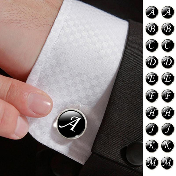 1 Pair Business White on Black Letters Men Suits Shirt Cuff Links Silver Plated Glass Cabochon Wedding Cuff Accessories