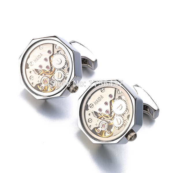 Functional Watch Movement Cufflinks With Glass Stainless Steel Steampunk Gear Watch Mechanism Cufflinks for Mens Relojes gemelos