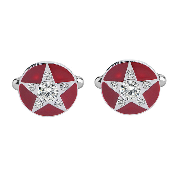 Men Fashion Round Cufflinks Crystal Five Point Star Red Enamel Pentagram Men's Fashion Jewelry French Shirt Cuff Links Accessories