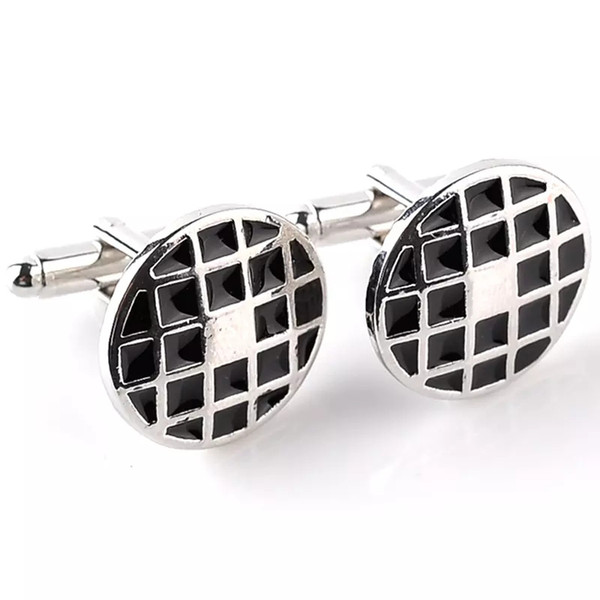 Round Fashion Designer Cufflinks For Mens Black Enamle Lattice Silver Plated Wedding Business French Cuff Button Whosale Hight Quality