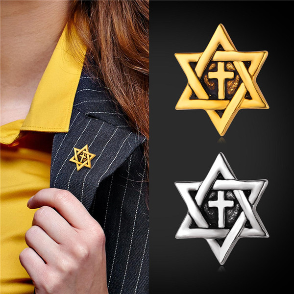 U7 David Star Cross Brooches Fashion Unisex Jewelry 18K Gold/Platinum Plated Christian Religious Accessories Cross Jewelry