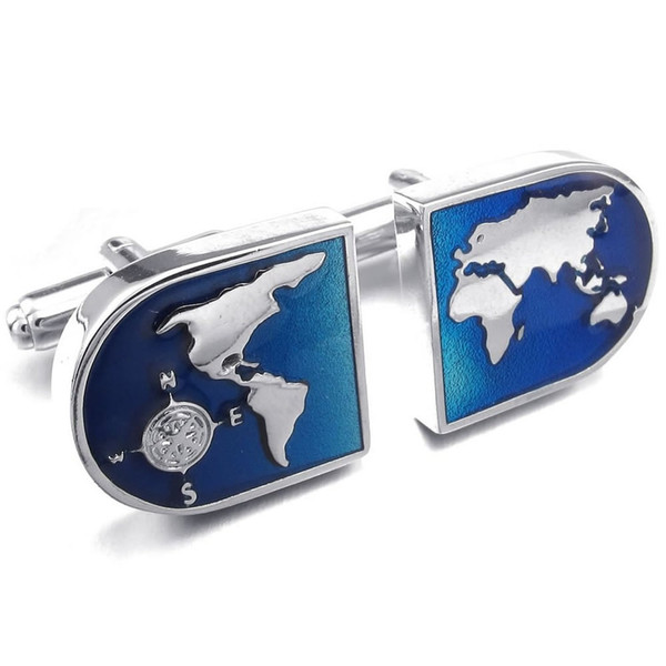 Jonline24h 2pcs Rhodium Plated Mens World Map Shirts Cufflinks Wedding, Color Blue Silver, 1 Pair Set