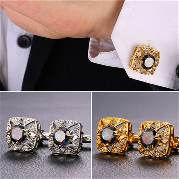 Mystic Cubic Zirconia Rhinestone Cuff Links for Men 18K Real Gold/Platinum Plated Square Shirt Cufflinks