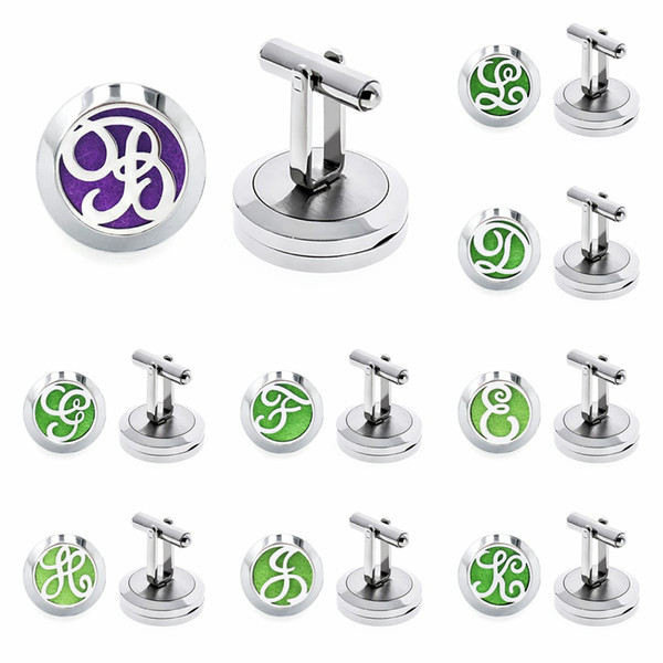 Alphabet 20mm 316L stainless steel Aroma essential perfume oil diffuser locket cuff link sleeve button cuff button with 10 pcs free pads