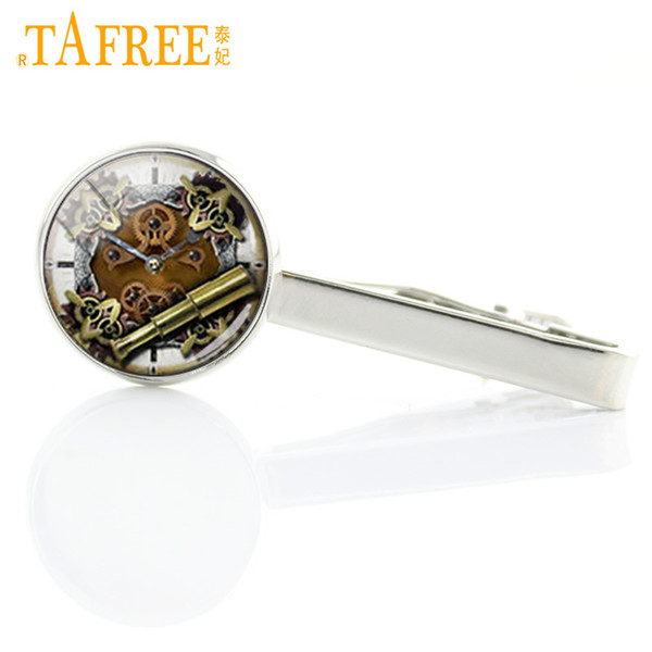 TAFREE Machines Golden Gear Tie Clips Classic Trendy Steampunk Tie Clip Clock Movement Picture Necktie Clip Bar Men Jewelry T290