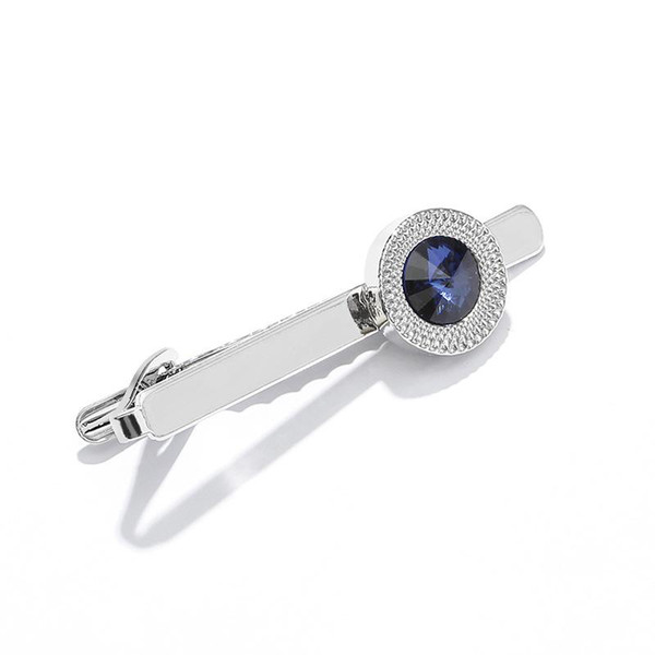 Geometric Round Blue Rhinestone Tie Clips For Men's Business Formal Wear Alloy Tie Clasp Fashion Silver Plated Jewelry Accessories Wholesale