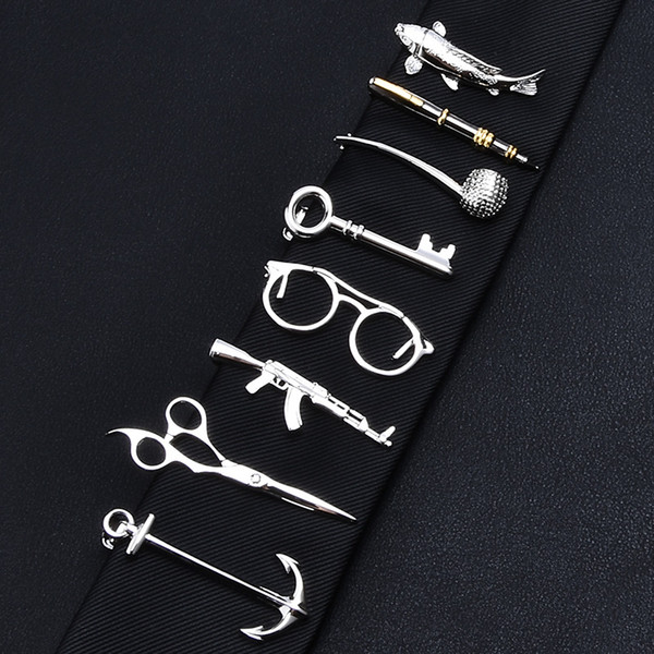 1 Piece Feather Glasses Anchor Mustache Key Shape Silver Metal Tie Clip for Men Tie Bar Crystal Necktie Clips Pin For Mens Gift