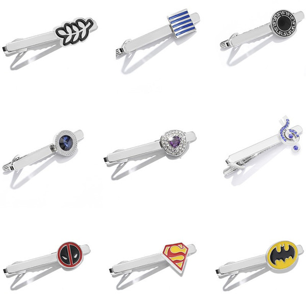 2019 New 28pcs Mix Design Necktie Tie Clips Crystal Alloy Clasp Clip Tie Clasps Batman Superman Silver Plated For Men Gift