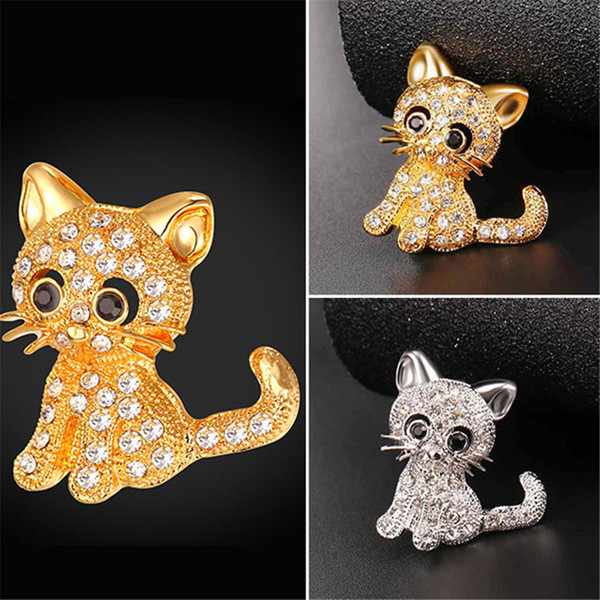 U7 Rhinestone Brooch/Pendant Necklace Jewelry for Women/Men Party Gold Plated Lovely Cute Animal Cat Pet Pins and Brooches Gift B2453