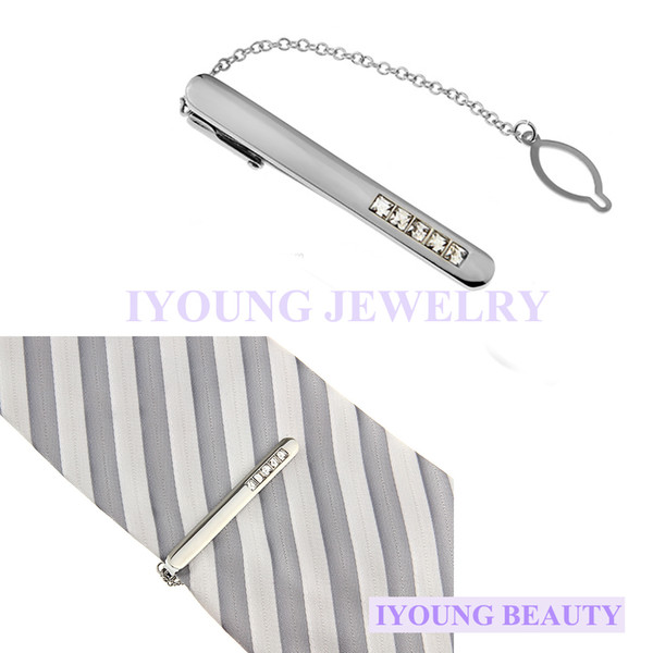 Trendy Hot Men Tie Clips Mosaic White Crystal Tie Pin Silver Tone Metal Clamp Tie Bar Jewelry Decor Business Necktie