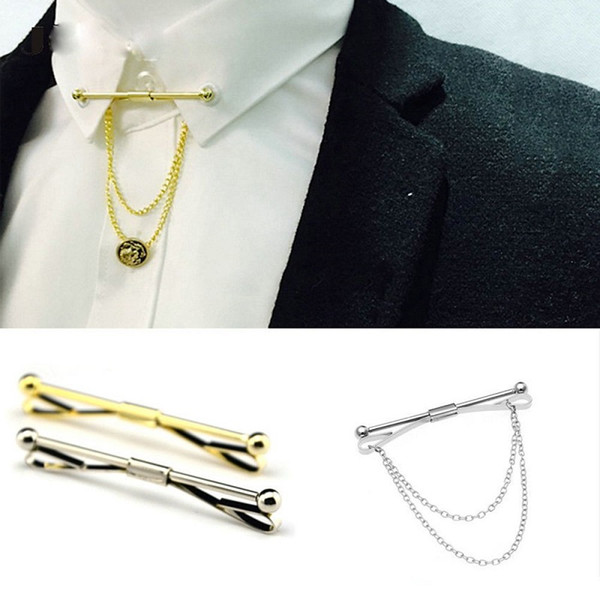 Men Stylish Shirt Tie Collar Clip Bar Pin Clip Chain Tie Brooch Necktie Silver Plain Metal French Tie Clip Jewelry Cheap Wholesale