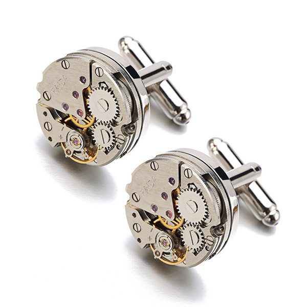 Hot Sale Real Tie Clip Non-Functional Watch Movement Cufflinks for men stainless steel Jewelry Shirt cuffs cuf flinks Wholesale