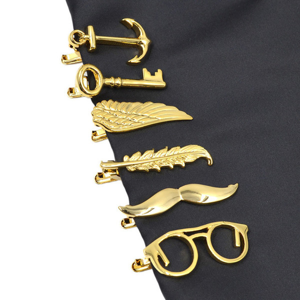 New Creative Gold Color Men Tie Clip Anchor Key Wings Feather Mustache Glasses Shape Tie Bar Tie Pin