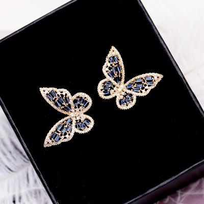 Japan Korean hollow zircon butterfly temperament earrings female wild personality earrings super fairy ear jewelry 925 silver needle