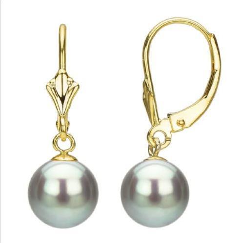 very Gorgeous 9-10mm gray South Sea natural Pearl Earring 14K yellow Gold hook