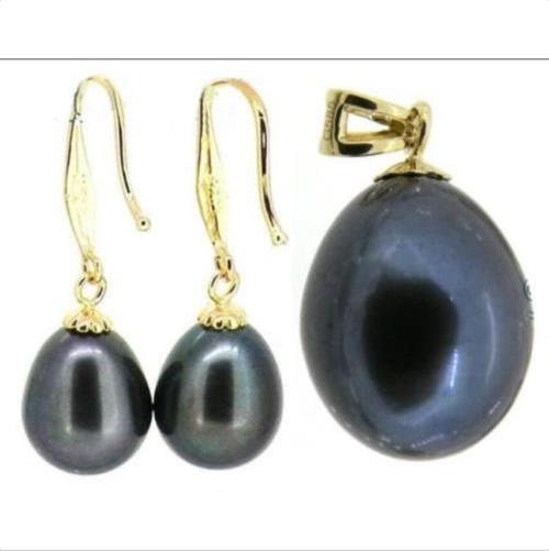 11X13MM TAHITIAN DROP BLACK SOUTH SEA PEARL EARRING Pendant SET 14K GOLD