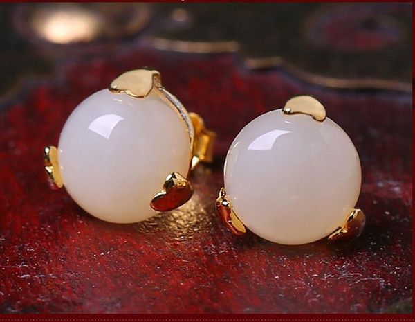 Gold genuine natural hetian Jade Earrings ear stud for women cream clear white Stud 14k Gold Filled Crown Jewelry Set