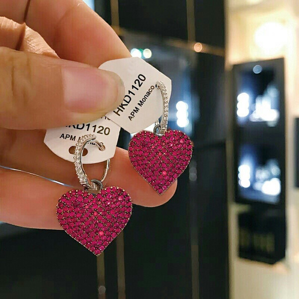 Ap inlaid red crystal diamond heart stud earrings wild queen temperament simple tide earrings