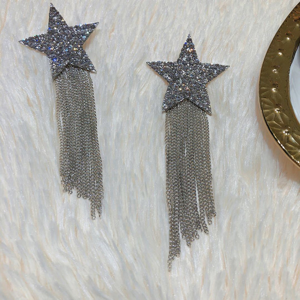 INS Fashion Tassel Earrings Luxury Rhinestone Pentagram Women Stud Personality Night Club Party Girl Earrings for Birthday Gift