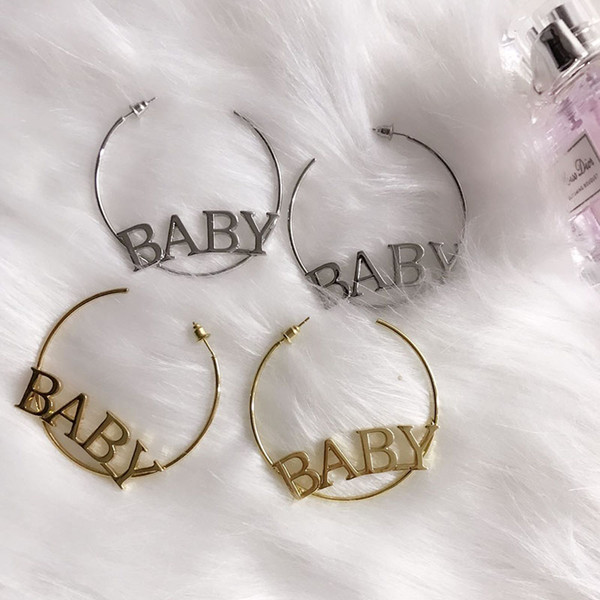 Hip Hop BABY Letter Women Earring Personality Night Club Party Stud for Lady Fashion Big Ring Female Charm