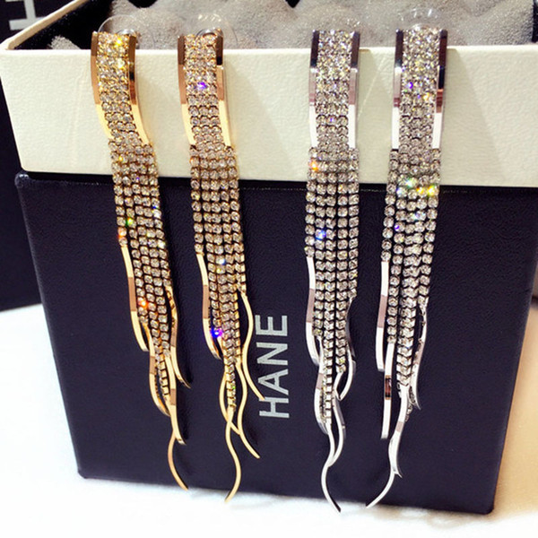 Night Club Party Long Eardrop for Women Fashion Tassel Rhinestone Lady Stud Vintage Gold Alloy Earring