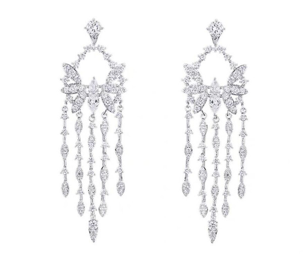 2019 New S925 silvering Crystal Long Chain Earrings Butterfly Earrings For Women Jewelry Fashion Wedding Statement Earrings Accessorie