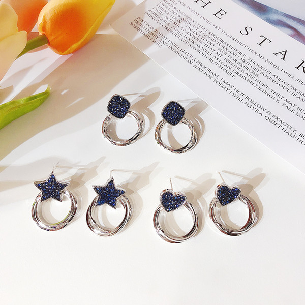 High quality Stocked S925 silver needle dark blue crystal earrings hollowed-out crisscrossed ring earrings for women jewelry accessory
