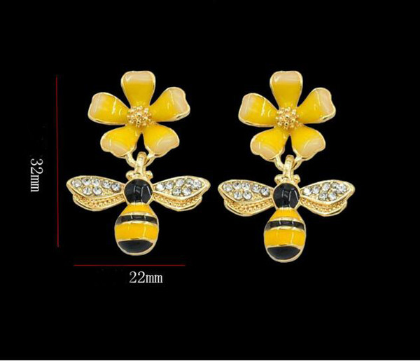 2019 New Fashion Lovely little bee flower drops oil crystal Honeybee Earrings For Women Stud Hanging Earrings 12pairs/lot