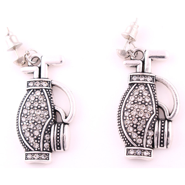 18mm * 33mm 5pair High Quality Vintage Antique Silver Color Zinc Alloy Golf Bag Pendant Studded With Crystal Hook Earrings Jewelry