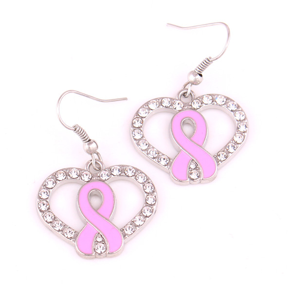 Newest Styles Breast Cancer Awareness Zinc Alloy Pink Enamel Ribbon Bow Crystal Heart Charm Pendent earrings Jewelry