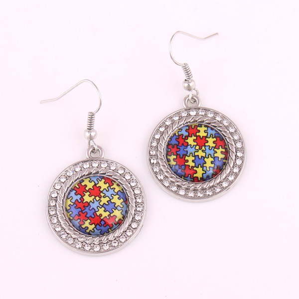 New Arrival 5pair Lot Autism Awareness Hope Crystal Round Charm Pendent Jigsaw Puzzle Piece Earrings Jewelry