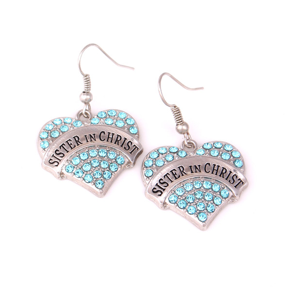 Fashion Sister In Christ Heart- Shaped Pendant Studded With Sparkling Crystals Hook Earrings Commemoration Day Jewelry