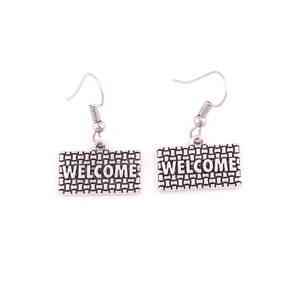 Apricot Fu Letter Sliver WELCOME Sign Great Design Attractive Earrings Jewelry Zinc Alloy Antique Silver Provide Drop shipping