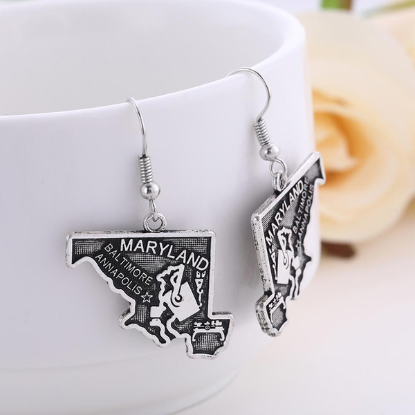 Wholesale maps of USA States Maryland Massachusetts Minnesota Mississippi Antique Sliver Color Earrings Free Shipping 2022NEW