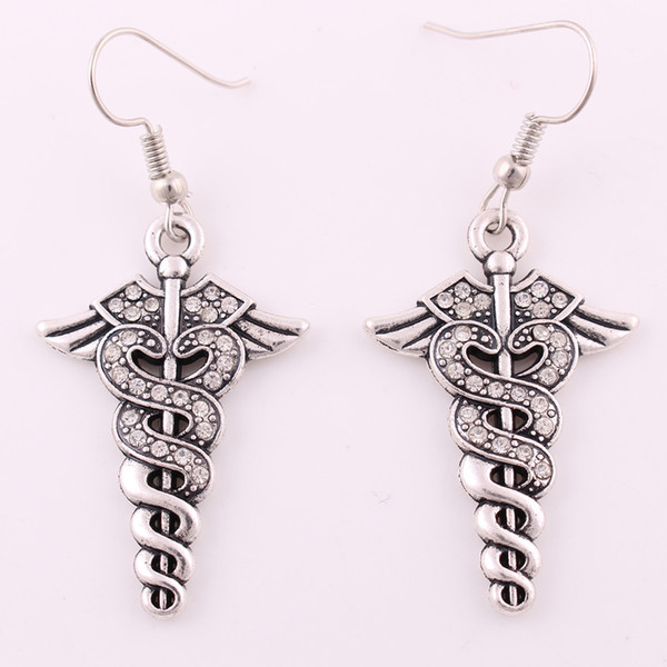 Zinc Alloy medic Sign Charm Double Snake And Wing Studded With Crystal Pendant Earring For Women Doctors Nurses Gift