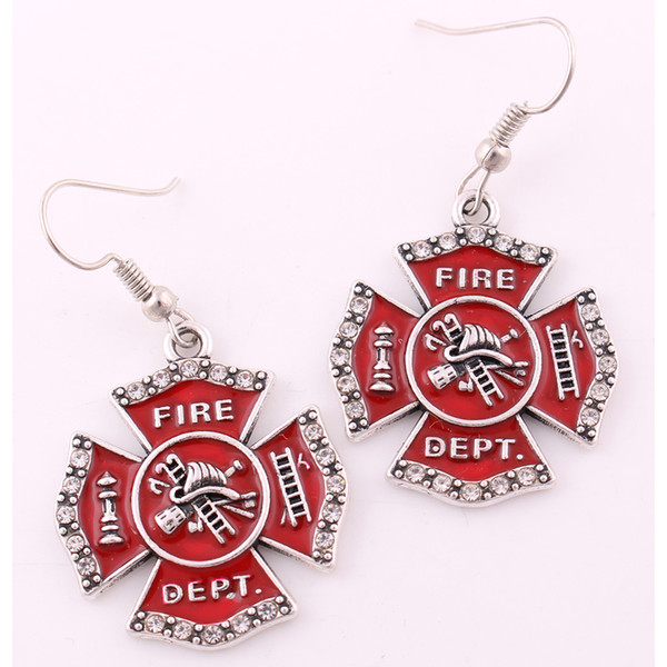 Firefighter Fire Dept Badge Red Enamel Cross Crystals Pendant Earring For Personalized Profession Jewelry Making Free Shipping