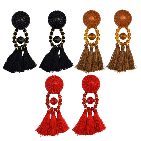 idealway Fashion European Bohemian Gold Plated Beaded Brown Red Black Long Tassel Drop Statement Stud Earrings