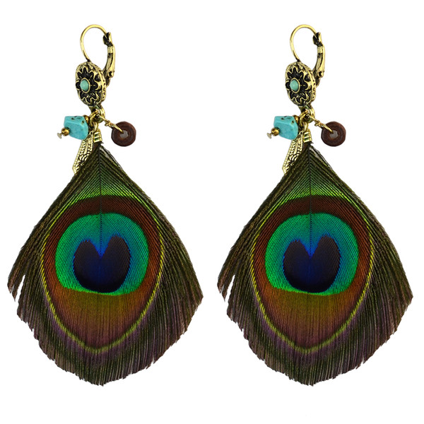 Bohemian Handmade Green Peacock Tail Feather Drop Dangle Earrings