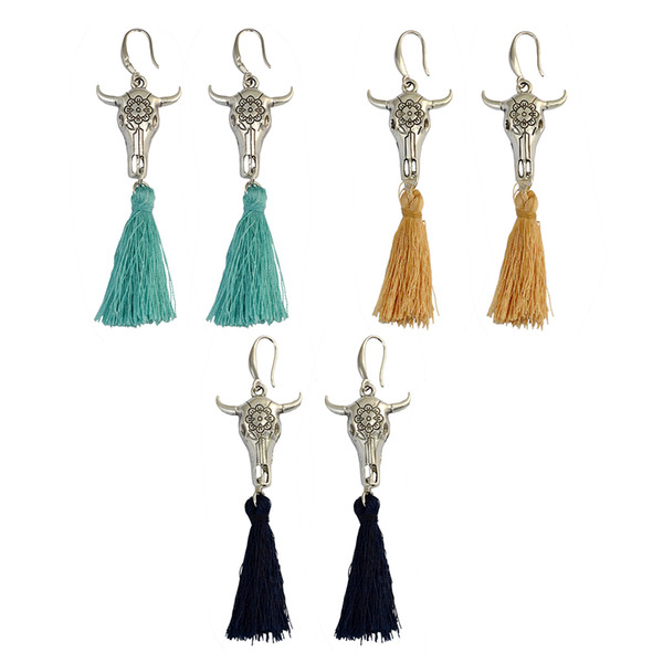 idealway Bohemian Handmade Rope Chain Silver Plated Alloy Flower Cattle Pendant Rope Tassel Fishhook Dangle Earrings