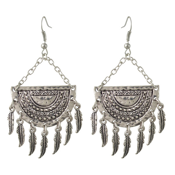 idealway Bohemian style silver plated Alloy Carving Leaves shaped pendant dangle earrings Women