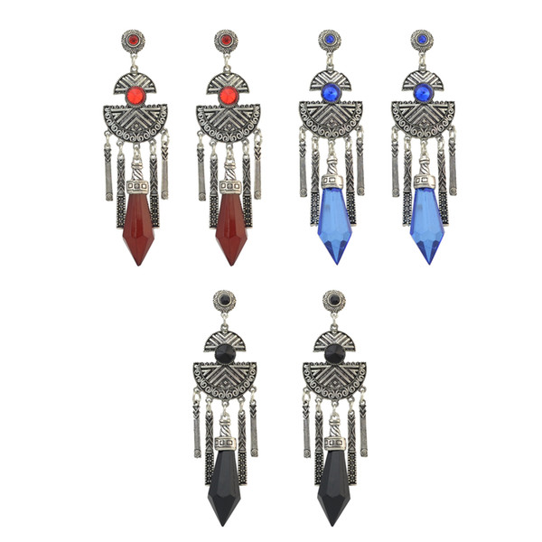 idealway Boho Vintage Style Acrylic Gems Pendant Dangle Silver Plated Alloy Carving Metal Earring