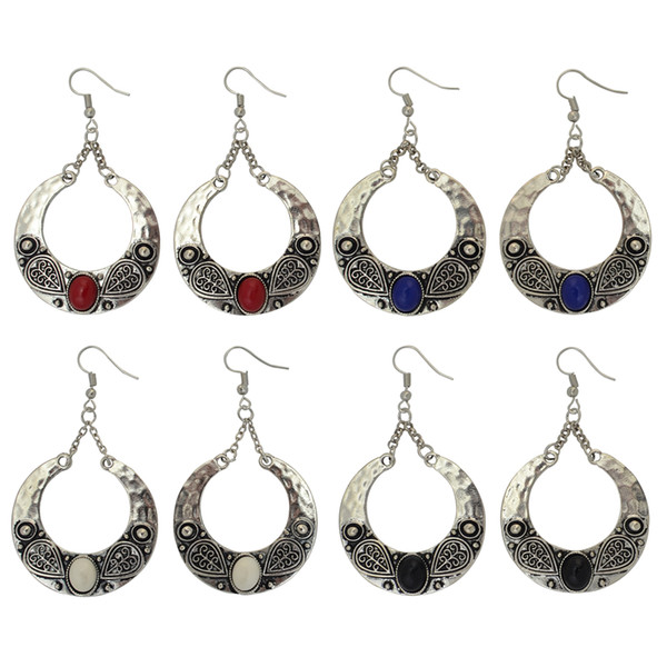 idealway 4 Color Antique Silver Plated Big Circle Round Gemstones Dangle Fish Hook Earrings