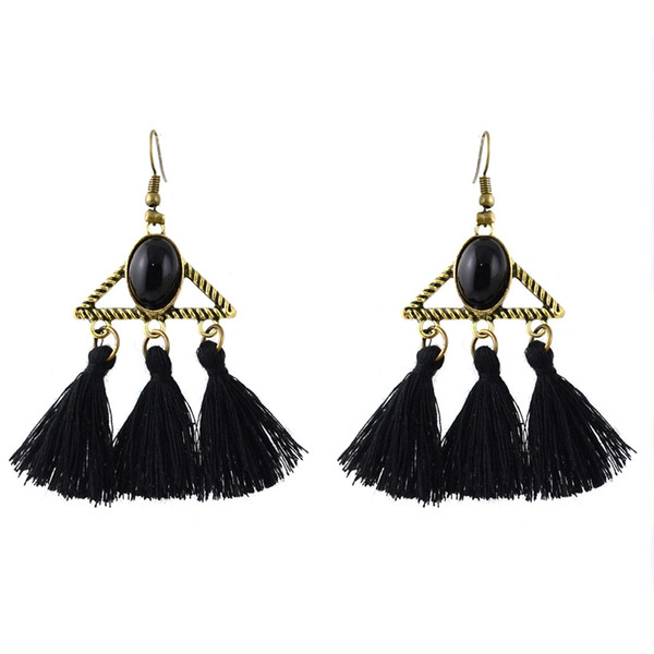 Idealway Vintage Bronze Alloy Acrylic Gemstone Triangle Thread Tassel Earrings Jewelry