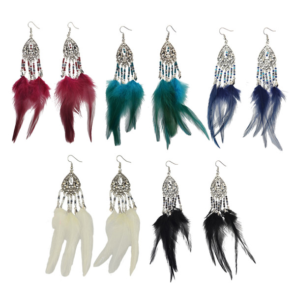 idealway 5 Colors Boho Silver Plated Resin Beads Drop Earring Women Long Feather Dangle Earrings