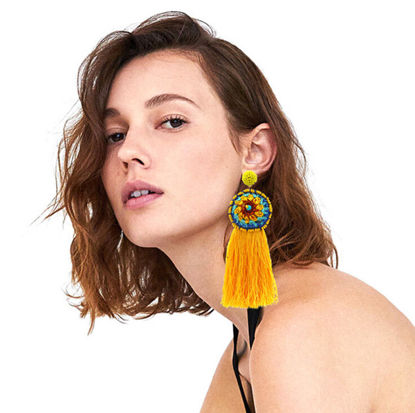 Idealway New Fashion Handmade Weaved Thread Fringe Tassel Long Drop Statement Earrings Jewelry