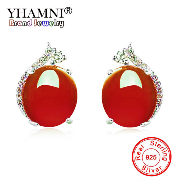 YHAMNI 100% 925 Sterling Silver Crystal Red/Green Gem Earring for Women Round Stud Earring Beautiful Fashion Jades Jewelry YE-096