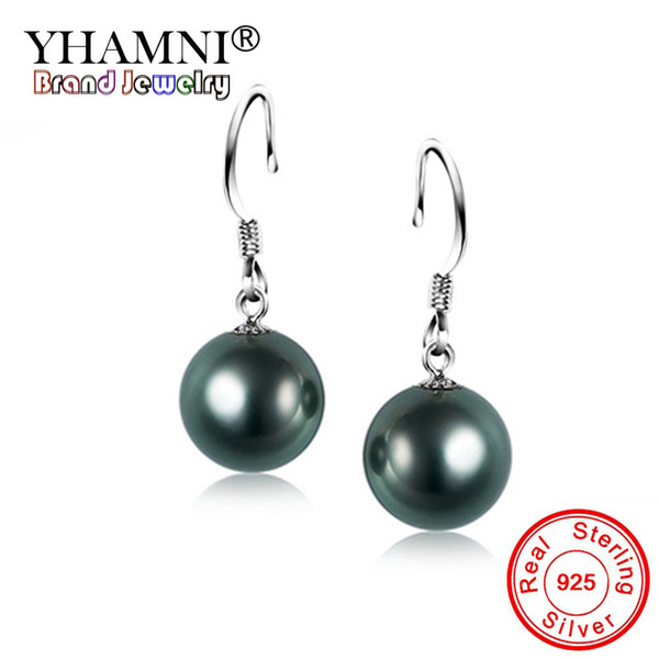 YHAMNI Original 10mm Freshwater Black Pearl Drop Earrings 925 Solid Silver Wedding Earrings Fine Jewelry YHE168