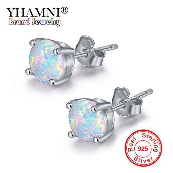 YHAMNI Original 925 Sterling Silver Earring 1 Ct 6mm Opal Stud Earrings For Women Wedding Fashion Jewelry Gift ZE403