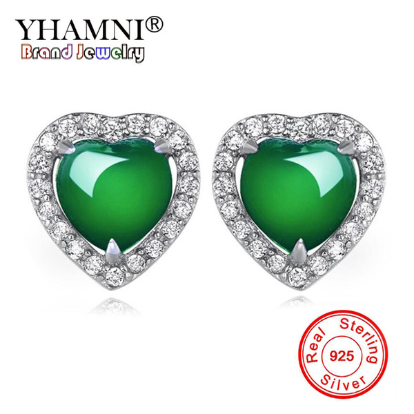 YHAMNI 100% Natural Green Malay Stone Earrings Original Solid 925 Sterling Silver Earrings CZ Jewelry For Women ZE450